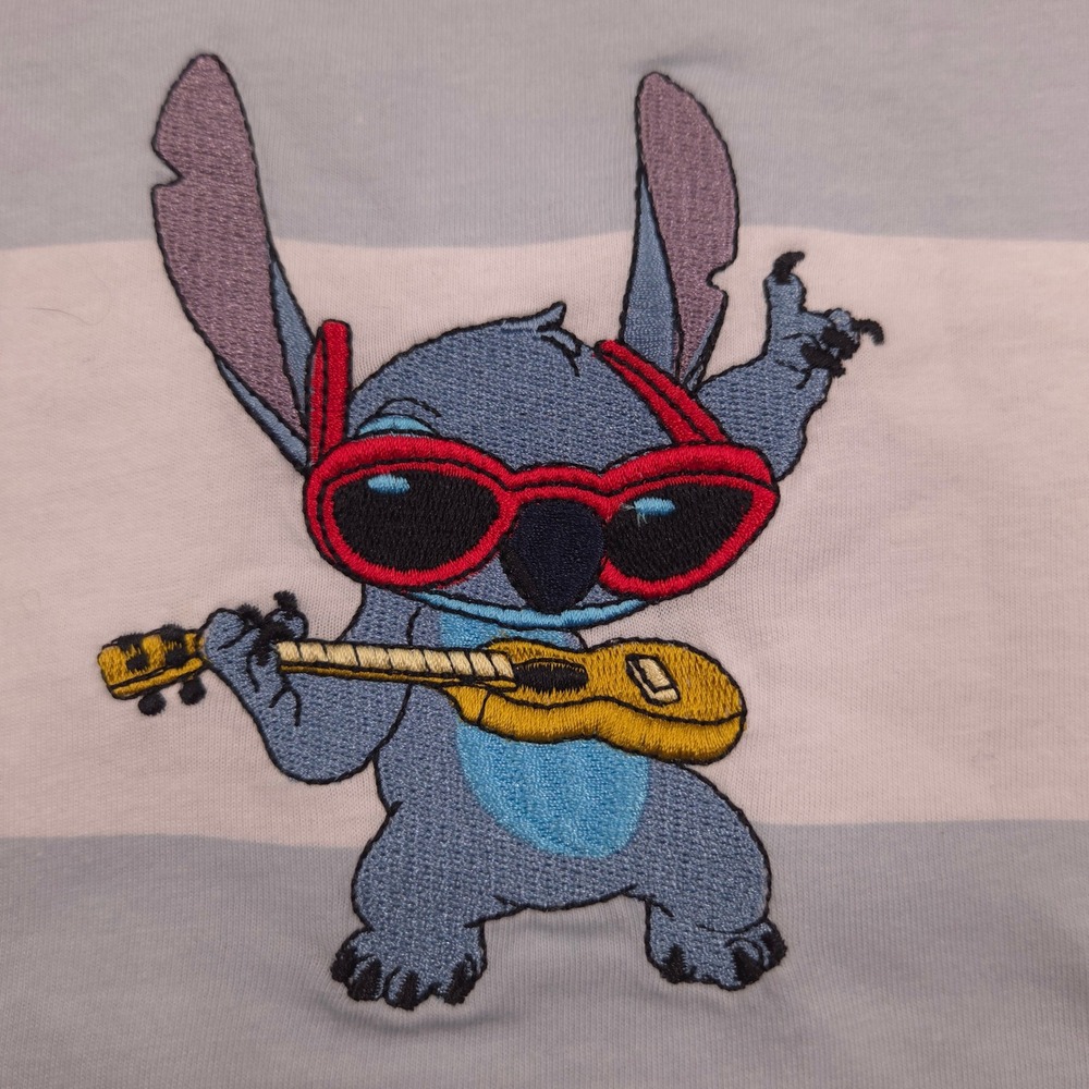 Disney Stitch Ukulele Embroidered‎ Graphic T-Shirt Striped Blue White Womens XL - Picture 4 of 7